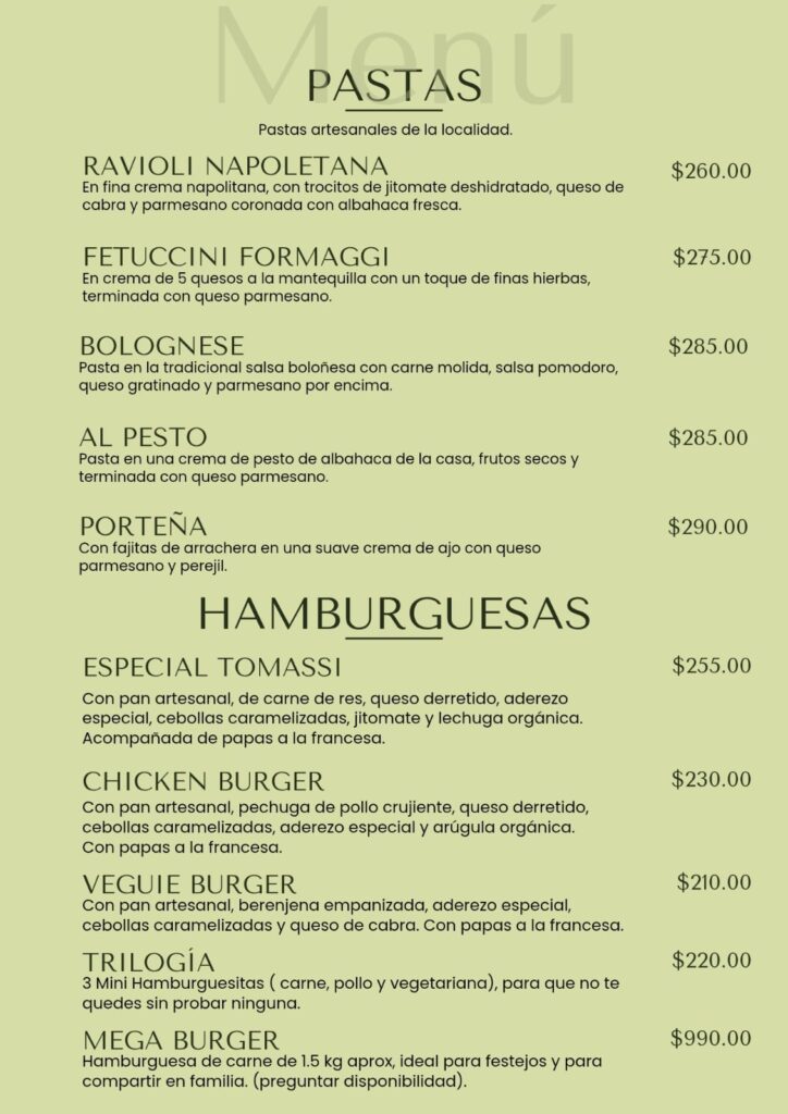 pastas hamburguesas tomassi ristorante menú